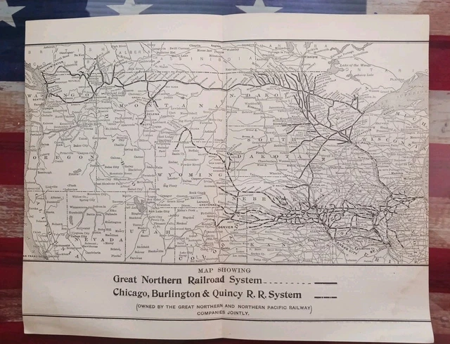 1905 TRAIN ROUTE Map GREAT NORTHERN RAILROAD SYSTEM +Chicago Burlington ...