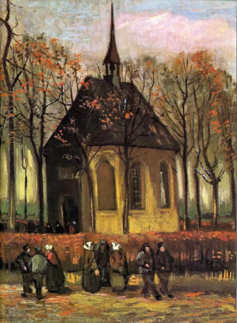 Oil painting Vincent Van Gogh - Sunset landscape with church people canvas