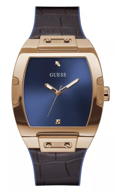 GUESS Men's Trend Casual Tonneau Diamond 43mm Watch Blue Dial Rose Gold Stain...