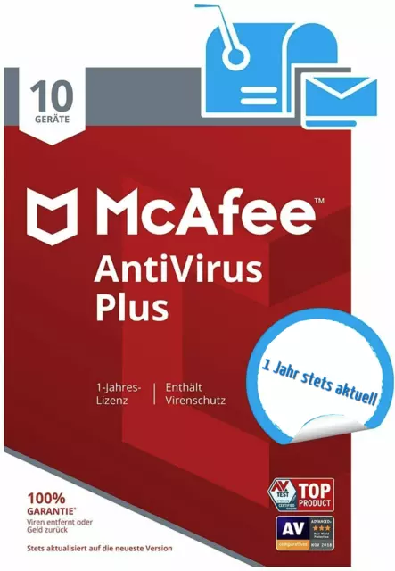 McAfee AntiVirus Plus|10 Geräte|1 Jahr stets aktuell|Originalverpackung per Post