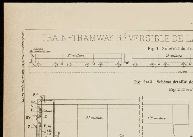 Plan ancien Train-Tramway réversible. Chemin de fer du nord. 1913 Génie civil 2