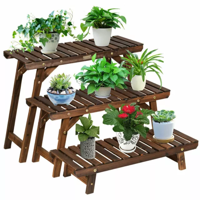 3 Tier Step Design Wood Plant Stand Corner Ladder Flower Pot Shelf Plant Bench