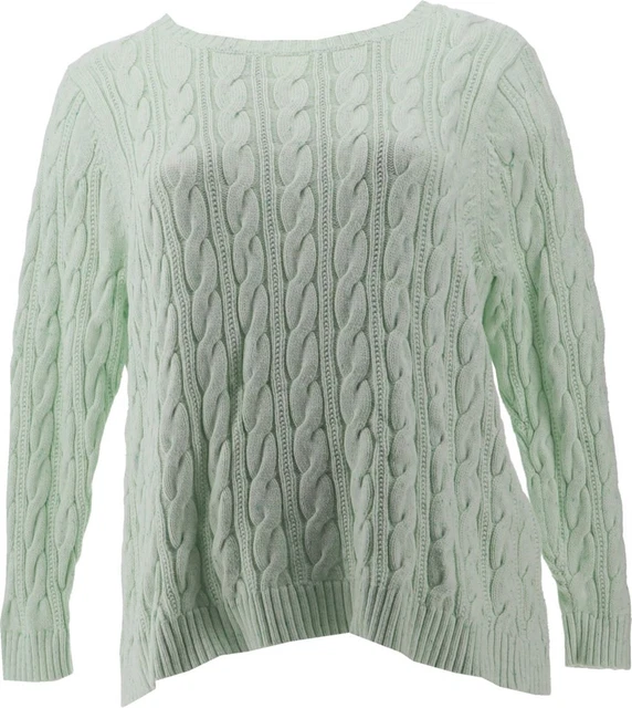 Lands' End Women's Long Slv Drifter Cable Crew Ice Green Donegal 2X # 502241