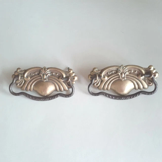 Antique Brass Drawer Pulls w/Drop Bail Handle & Victorian Backplate, Set of 2