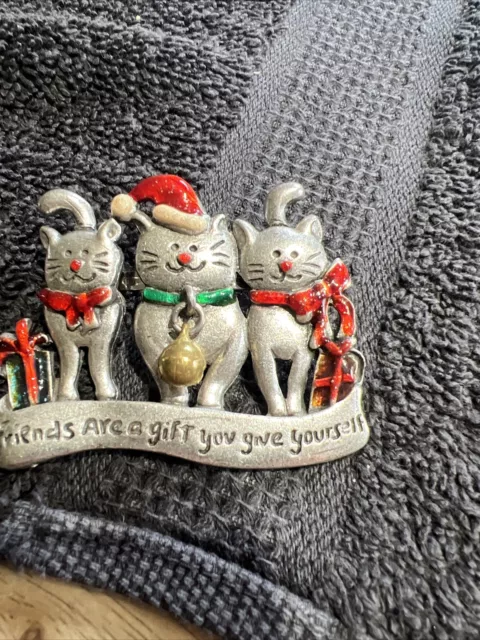 Vintage Signed AJMC Christmas Cats Brooch Friends Are a Gift Jingle Bell Pin
