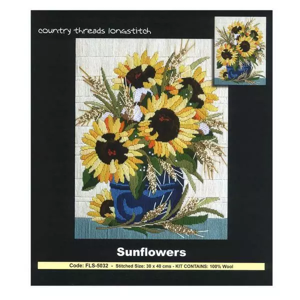 COUNTRY THREADS Long STITCH KIT Sunflowers Flowers Vase 30 x 40cm Country 2