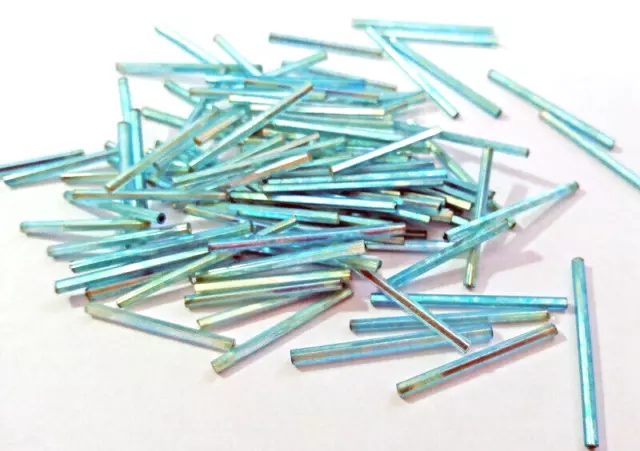 Soft Turquoise Silver Lined Czech Glass Bugle Beads 16 Gram Lot Vintage 25mm