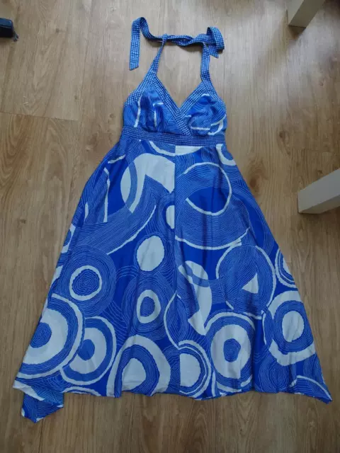 MONSOON ladies blue white pattern midi maxi halter neck summer dress UK 14