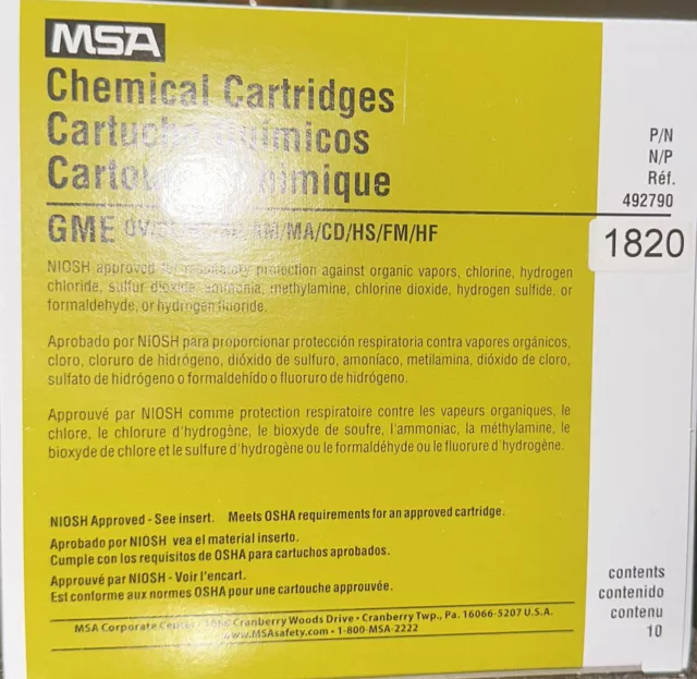 Box Of 10 MSA Chemical Cartridges 492790  Comfo Respirator GME 1820 New