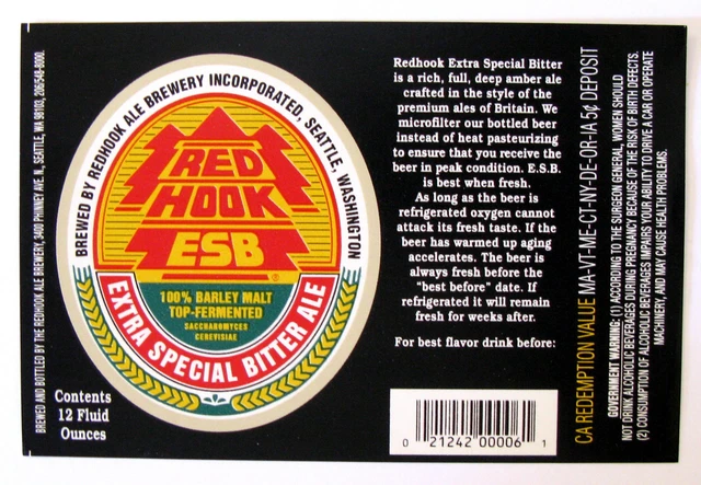 Redhook Ale Brwy REDHOOK ESB -EXTRA SPECIAL BITTER ALE label WA 12oz  Var. #9