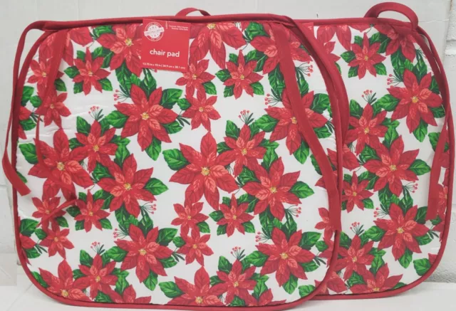 SET OF 2 CHAIR PADS CUSHIONS w/red ties,13.75"x15", CHRISTMAS POINSETTIA # 4, CH