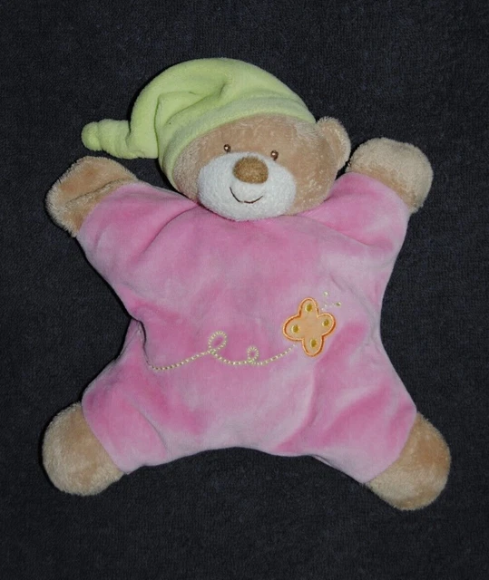 Peluche Doudou Semi Plat Ours Rose Vert NATTOU AUBERT Brodé Papillon Hochet