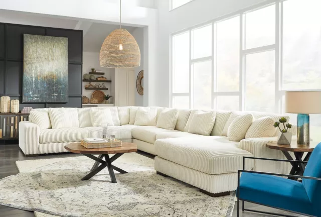 Living Room Furniture Ivory Corduroy Fabric Sofa Couch Chaise Sectional Set IG08