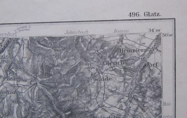 Glatz u. Umgebung, alte Landkarte, Schlesien, herausgeg 1892 ltzt.Nachtrag 1904