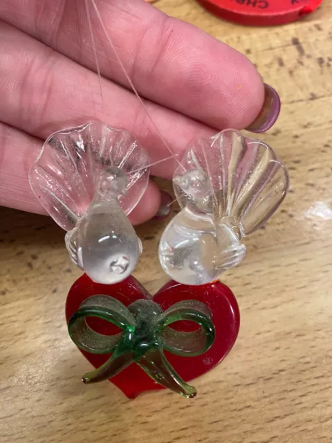 Vintage Crystal Glass DBL Dove on Red Heart Christmas Ornament 2.5"