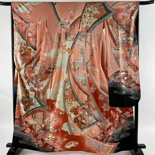 Japanese Kimono Furisode Pure Silk Ox Carriage Flowers Gold And Silver Paint