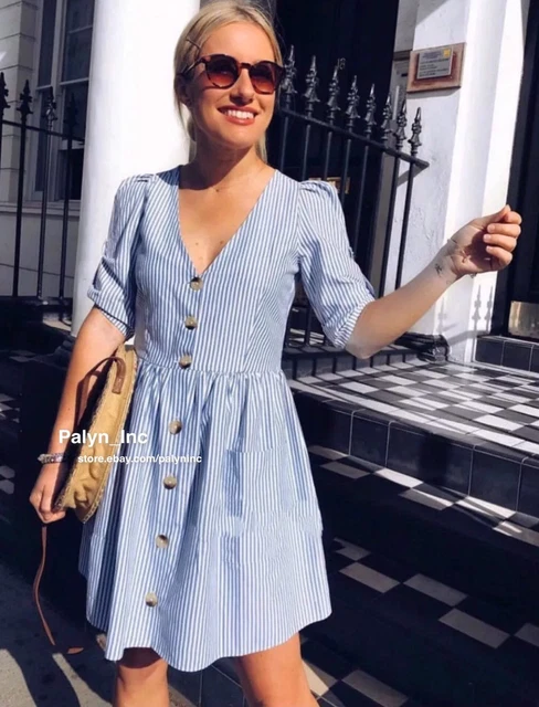 Zara blue and white striped sales shirt dress