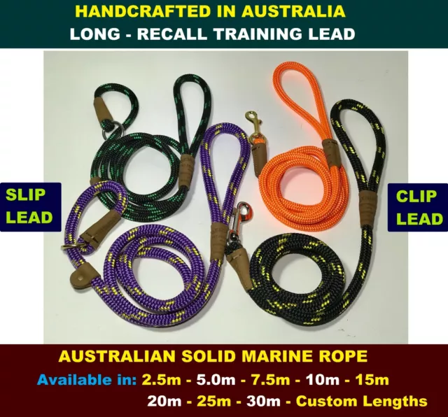 RECALL Long Training Dog Lead Line Solid Marine Rope Heavy Duty AUSTRALIAN MADE