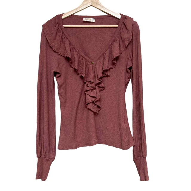 Nation Ltd. Lalita Ruffled Henley Small Pink Pima Cotton V-Neck Blouse
