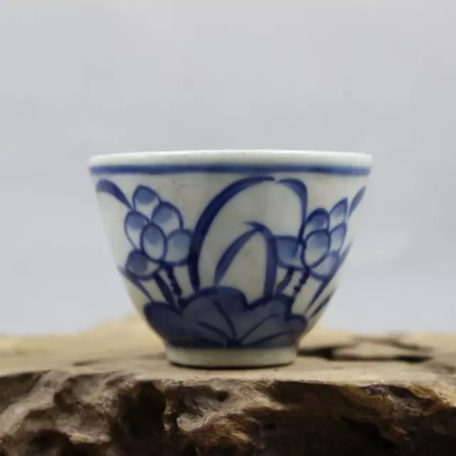 Chinese Blue and White Porcelain Lotus Flowers Pattern Teacup Cup 2.40 inch