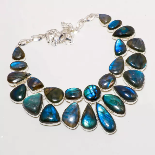 Blue Fire Labradorite Gemstone Handmade Women's Jewelry Necklace 18" BN 5607