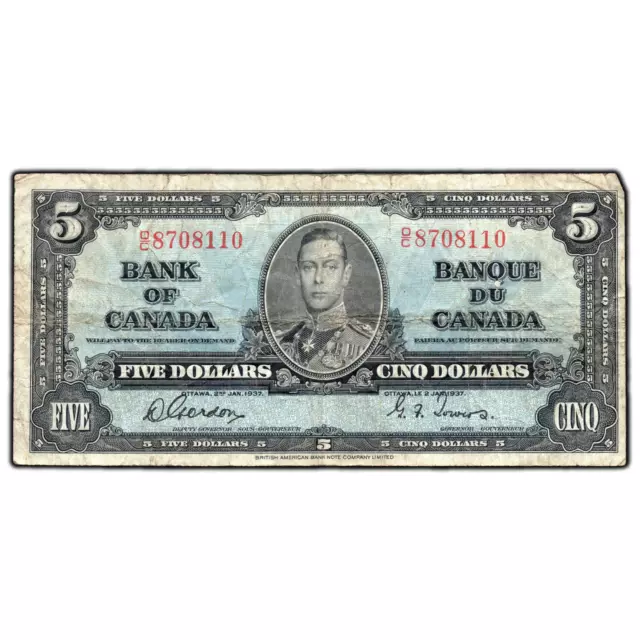 $5 1937 Bank of Canada Note Gordon-Towers O/C Prefix BC-23b - Small Tear