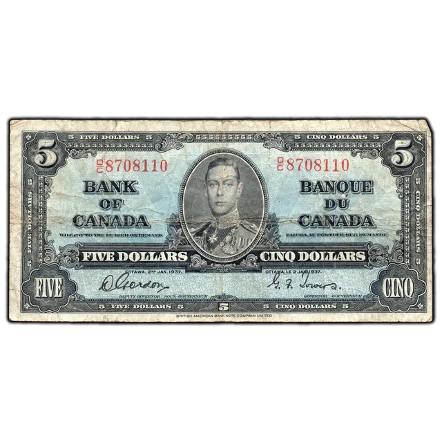 $5 1937 Bank of Canada Note Gordon-Towers O/C Prefix BC-23b - Small Tear