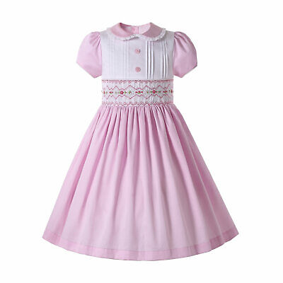 Smocked Vintage Girl Dress Pink Peter Pan Collar Short Sleeve Party Dresses 3-12