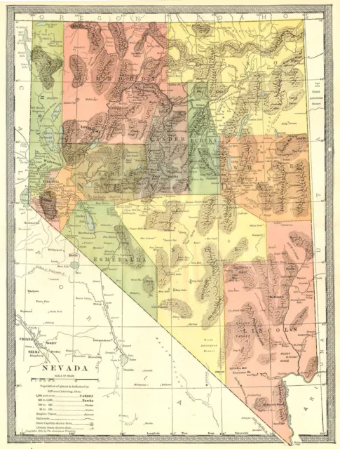NEVADA state map. Counties 1907 old antique vintage plan chart