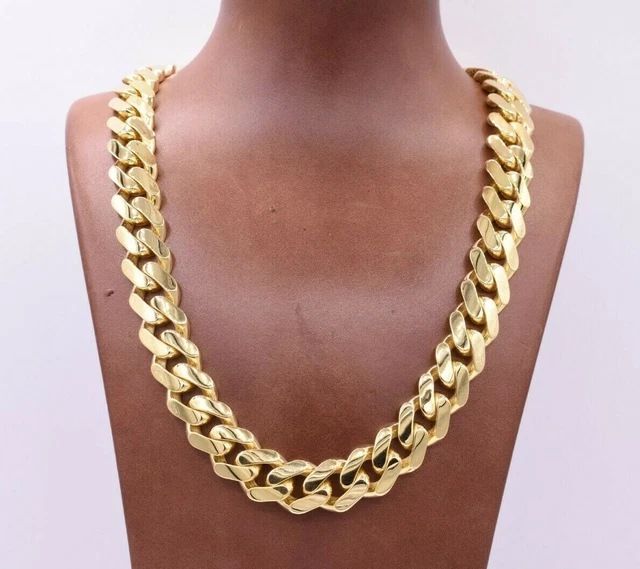 15mm Miami Cuban Royal Curb Chain Necklace CZ Box Clasp Real 14K Yellow Gold