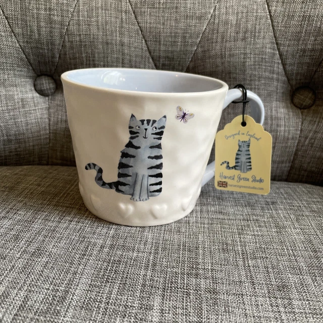CUTE CAT Coffee Tea Mug Cup White & Soft Blue 14 Oz by Harvest Green Studio NEW