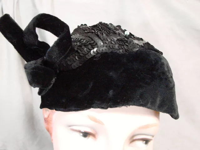 Vintage 30s 40s Hat Cap Velvet BLACK SEQUINS Wired BOW VGC S Beret 3