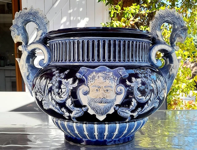 Vase pot de fleurs vintage en céramique émaillée bleue bambou 22cm