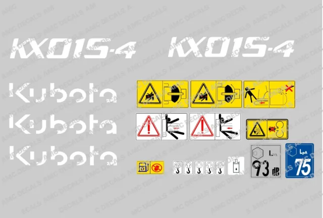 Kubota KX015-4 Mini Digger Complet Décalque Set avec Sécurité Warning Enseignes