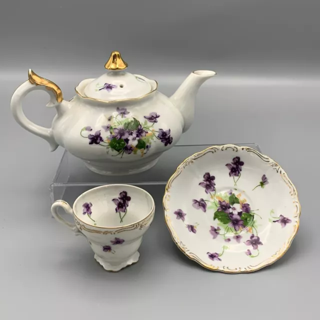 Norcrest Fine China Sweet Violets Teapot Lid Teacup Saucer Gold Trim Grannycore