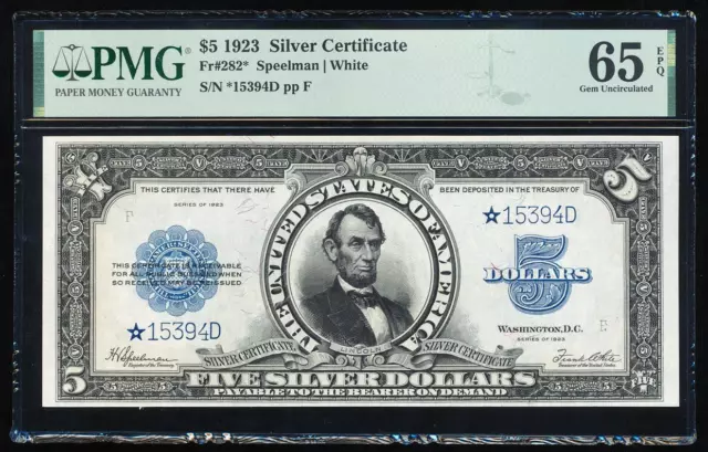 Fr.282 Star 1923 $5 Silver Certificate Pmg65 Epq Gem Unc "Porthole" Note