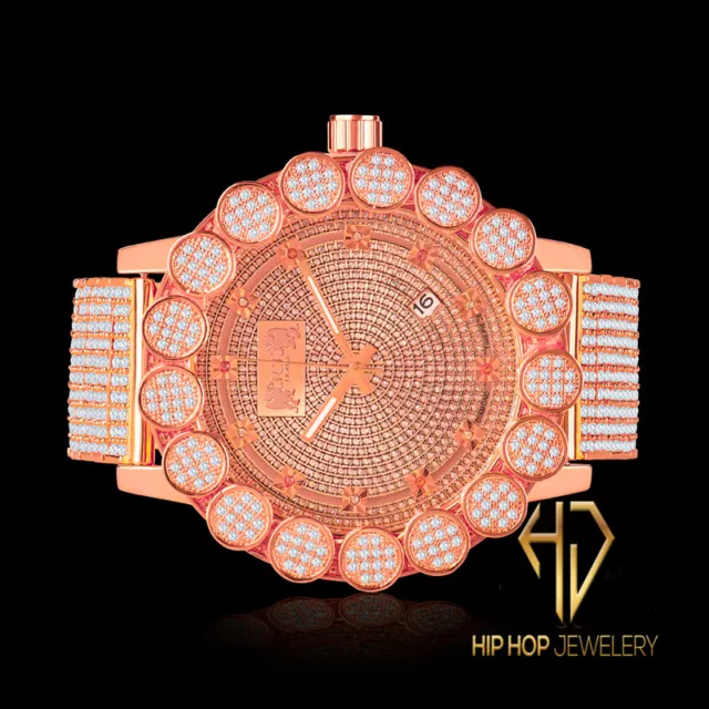 Genuine Real Diamond Dial Men Ice House Watch Flower Bezel Custom Rose Gold Tone