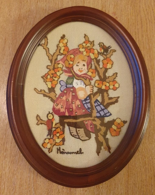 Picutre Ovalado De Lana De Colección En Marco De Niñas En Swing (Años 70)