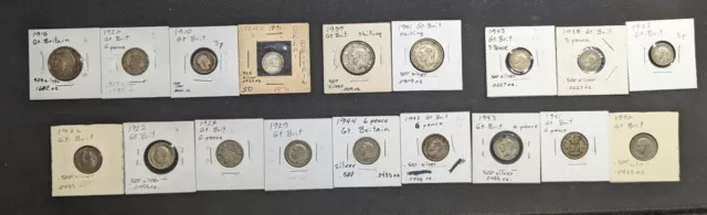 Lot of 18 Great British silver coins 3 shillings 10 6-pence 5 3-pence .9957 oz