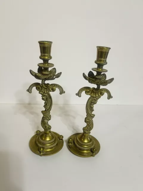 Pair of Tall 19th Century Brass French Baroque Style Candlesticks Candle  Holder