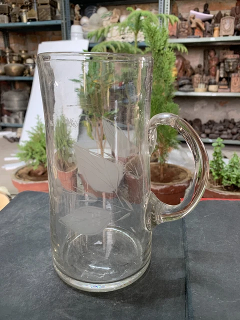 Vintage Old Lead Pattern Etched Clear Glass Water Jug Kitchenware Pitcher Jug