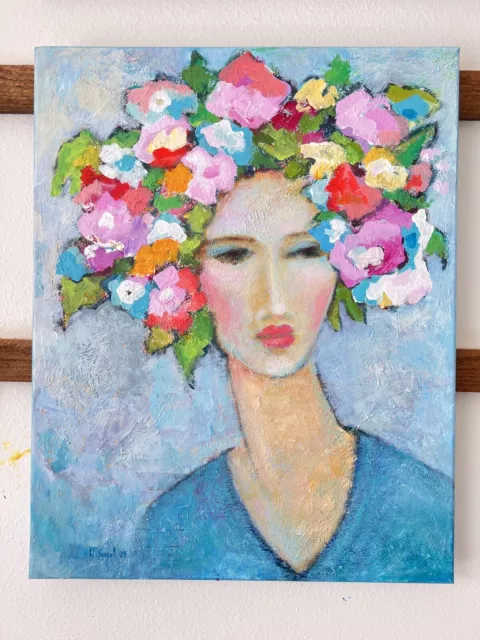 Flowers Crown Abstract Women Portrait Outsider Face Art Original painting OOAK 2