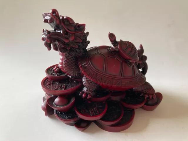 Large Chinese Red Feng Shui Resin Dragon Turtle on Coins 5" x 4"