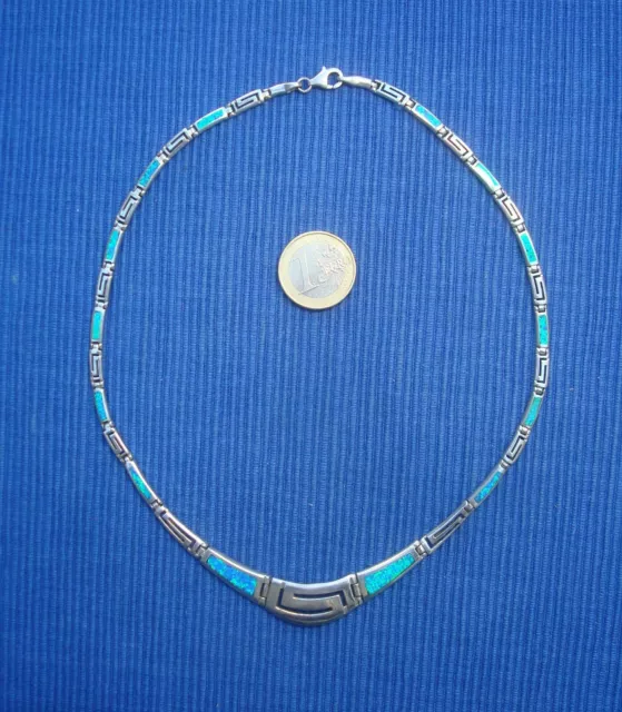 B27 Joli Collier Grec Argent Massif 925 Opale Bleu Feu Lot Bijou Createur Greek