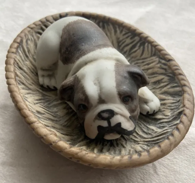Rare Jaffe Rose China Bulldog Puppy In Basket Stamped And Numbered