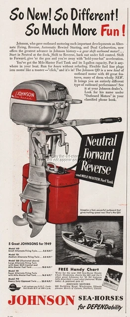 1949 Johnson Sea Horse Outboard Boat Motor Fishing Theme Shift Reverse Print Ad