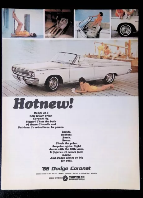 Print Ad 1965 Dodge White Coronet Convertible Woman Boat Dock Reading