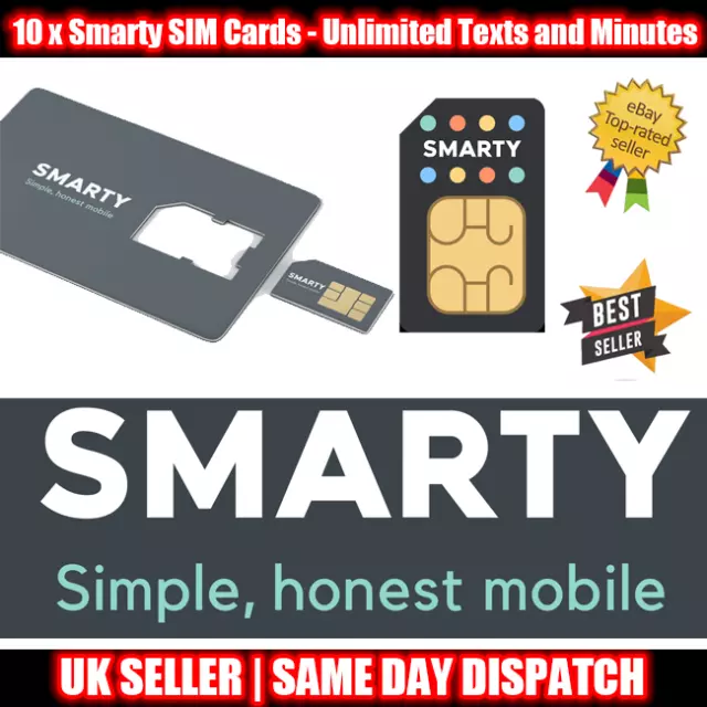 10 x NUOVA scheda SIM Smarty UK - testi e minuti illimitati con tutti i piani dati