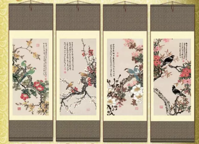 4Pc Chinese Silk Scroll Painting Gongbi Flowers Bird Calligraphy Home Decoration