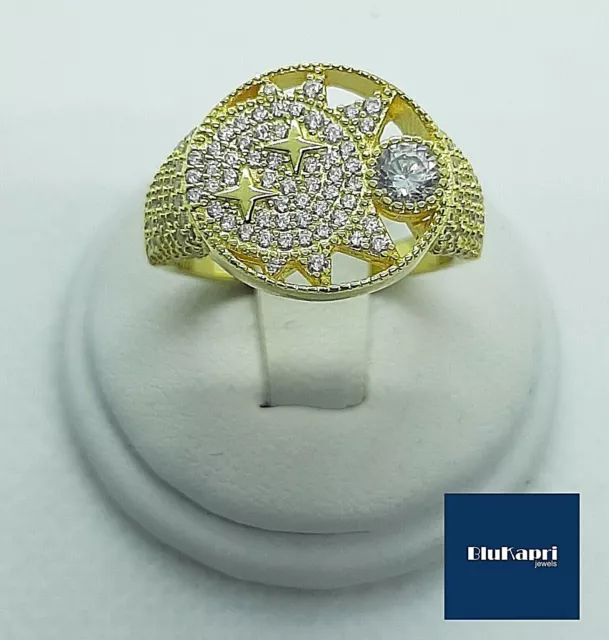 Anello Donna fascia in Argento 925 oro sole e stelle con zirconi bianchi dorato